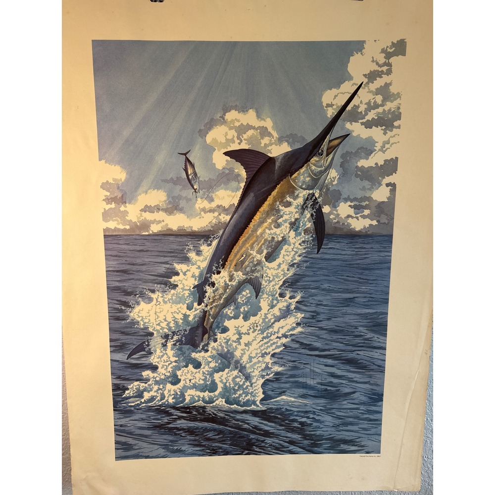 Vintage 1989 Guy Harvey Marlin Art Print Unisex OS Blue Good/fair
